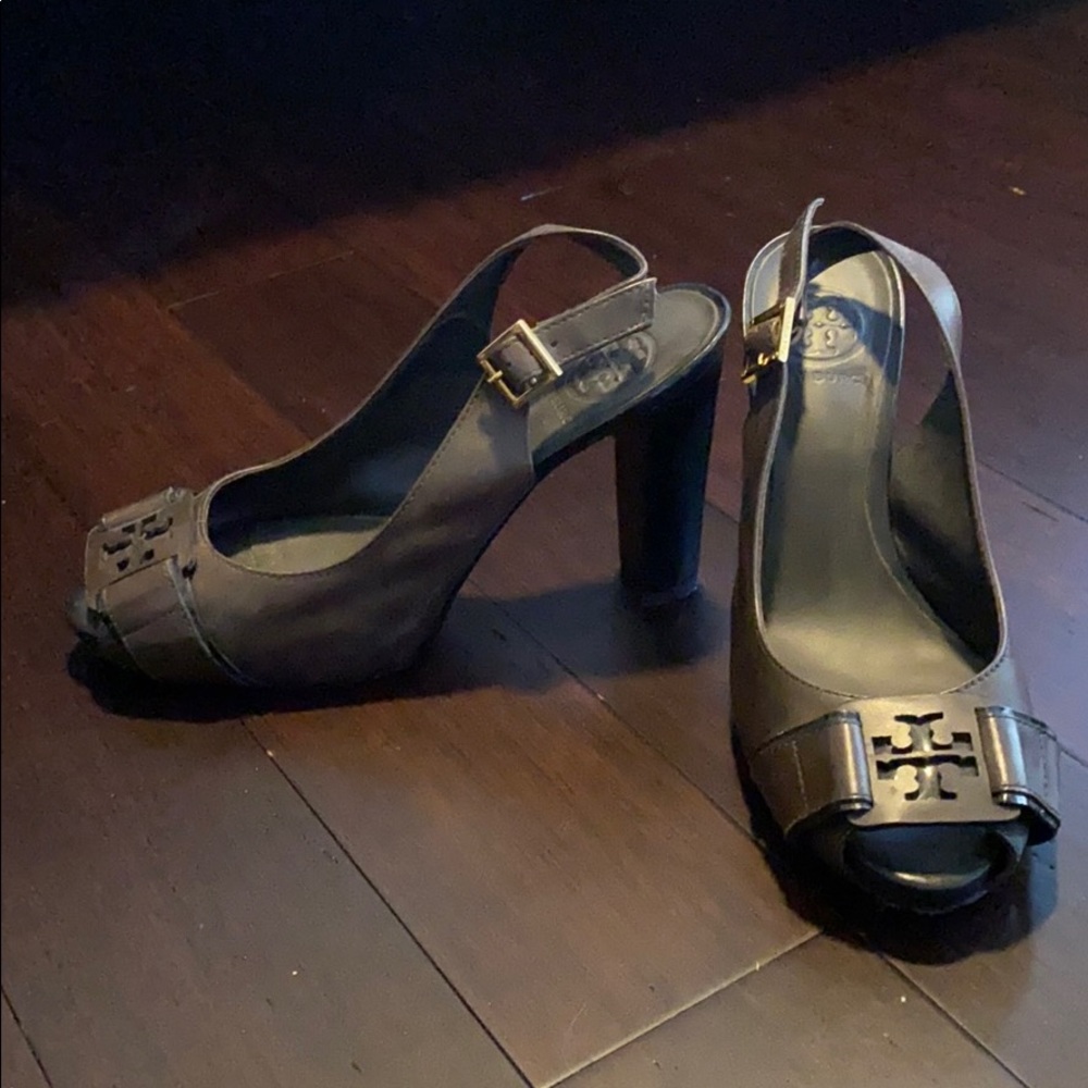 Tory Burch brown peep toe heels
